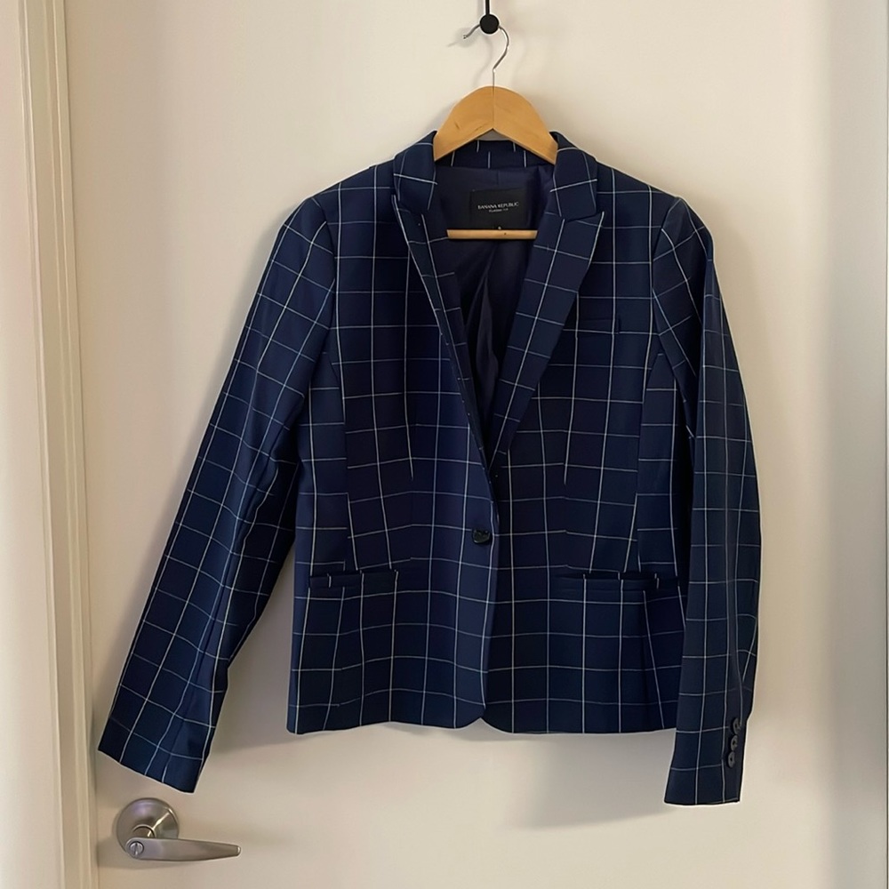 Banana Republic Navy Blue Windowpane Plaid Single Button Blazer Jacket Size 6